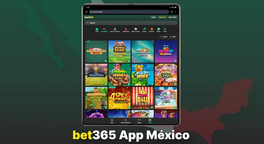 Aplicación móvil de bet365 México mostrando la sección de juegos de casino en una tablet