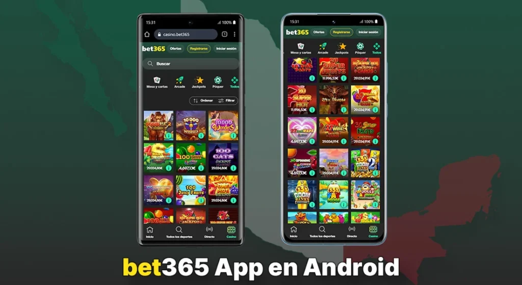 Aplicación bet365 en Android mostrando el catálogo de juegos de casino y tragamonedas en dos smartphones