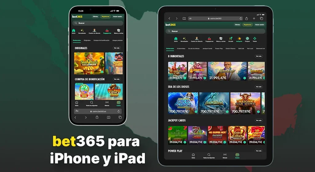 Aplicación bet365 para iPhone y iPad mostrando la interfaz del casino con juegos y tragamonedas en dispositivos iOS