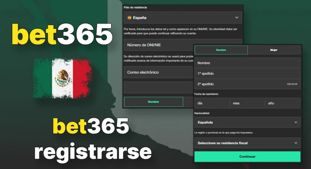 Formulario de registro de bet365 con campos de datos personales y verificación de cuenta
