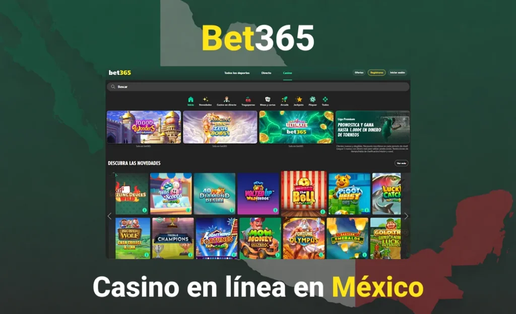 Interfaz del casino en línea de bet365 en México con catálogo de tragamonedas y juegos disponibles