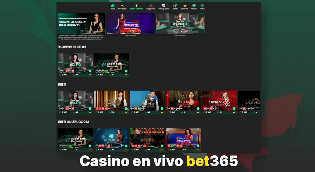 Sección de casino en vivo de bet365 con mesas de ruleta, blackjack y crupieres en directo"