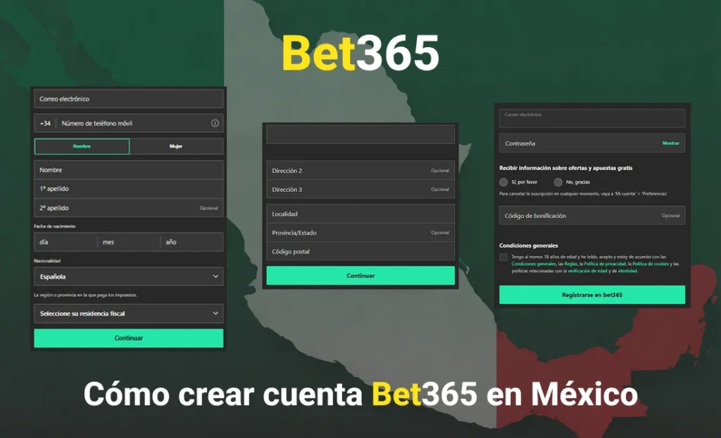 Pasos para crear una cuenta en bet365 México mostrando formularios de registro y datos personales