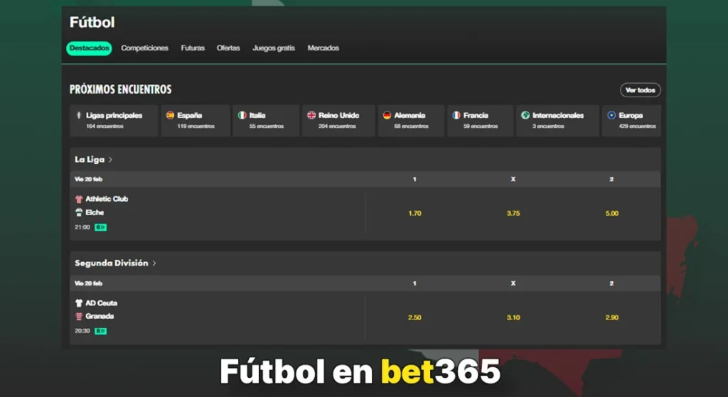 Sección de apuestas de fútbol en bet365 con próximos partidos y cuotas deportivas