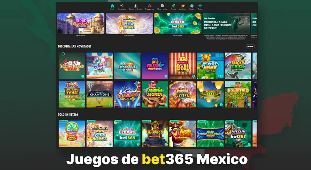 Sección de juegos del casino bet365 México mostrando tragamonedas y títulos populares