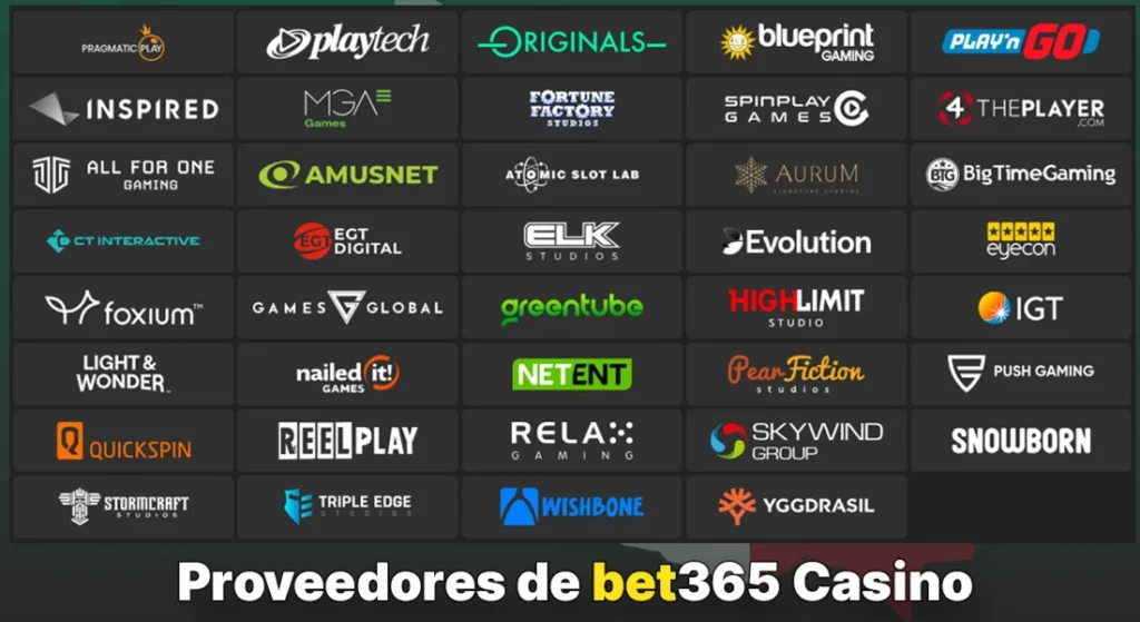 Lista de proveedores de software del casino bet365 como NetEnt, Evolution y Playtech