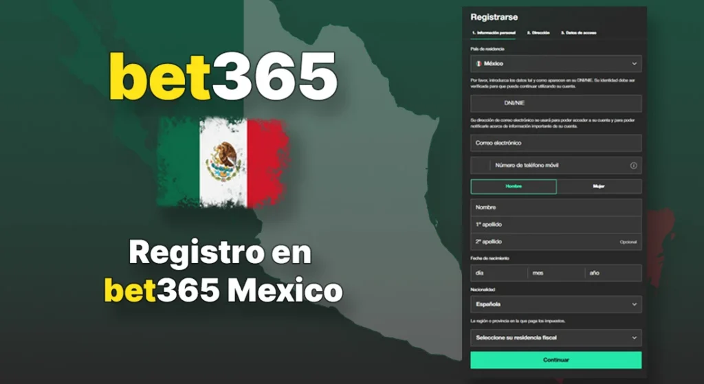 Página de registro en bet365 México con formulario para crear una cuenta de usuario